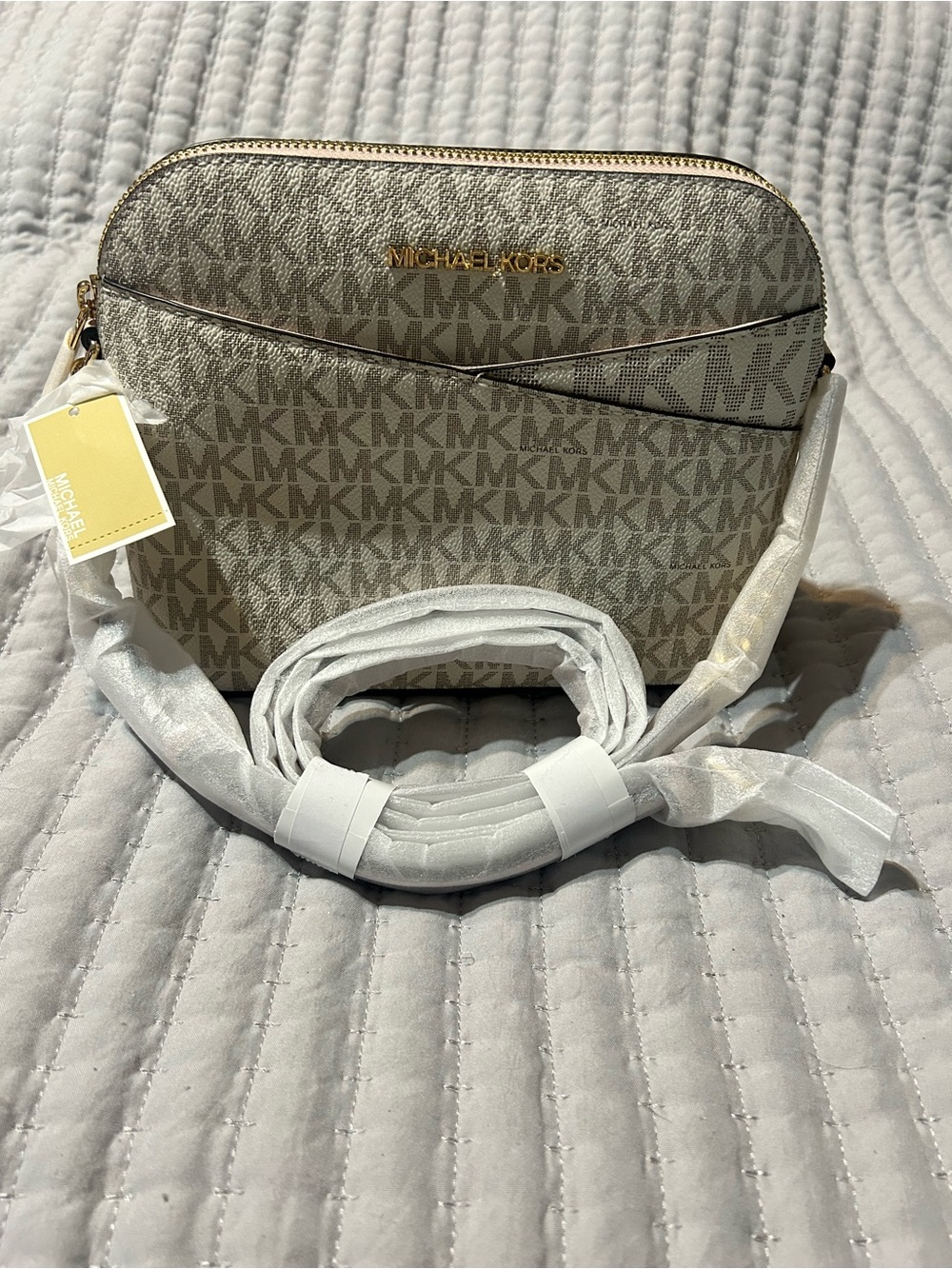 Michael Kors Ivory/Taupe Signature MK Crossbody Bag - Picture 2 of 6